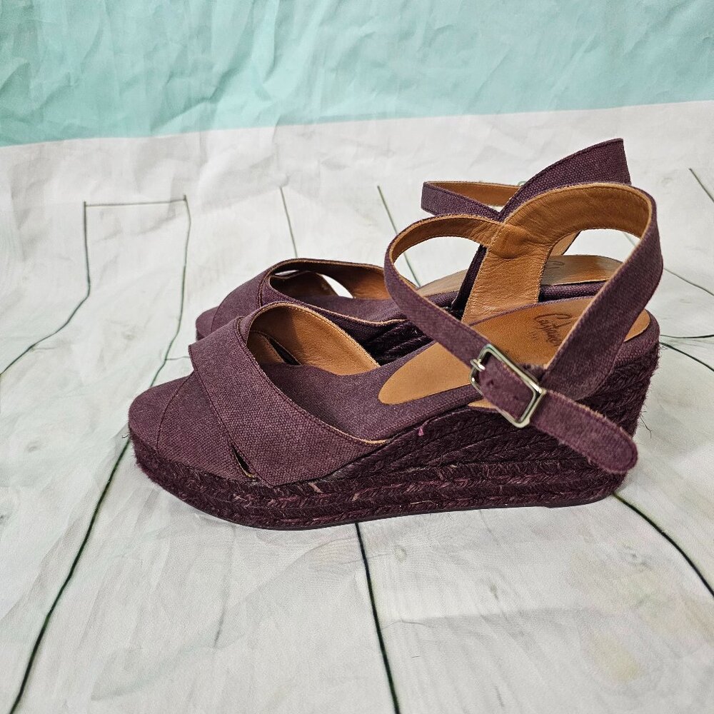 CASTANER Canvas Open Toe Cross Over Strap Espadrille Wedges Sandals~Size 39